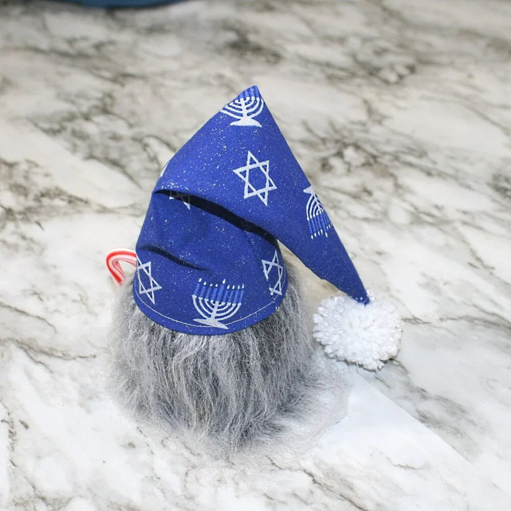 HAND CRAFTED Gnome Hanukkah Air Freshener Cover - Blue Stars Menorahs Gray